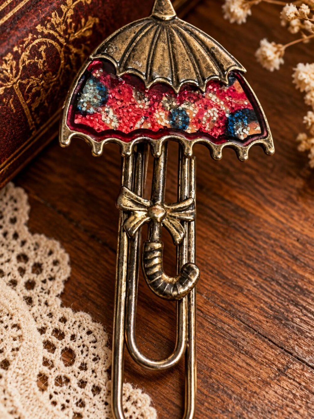 Vintage Umbrella Decorative Paper Clip Bookmark – Red Floral Glitter Design